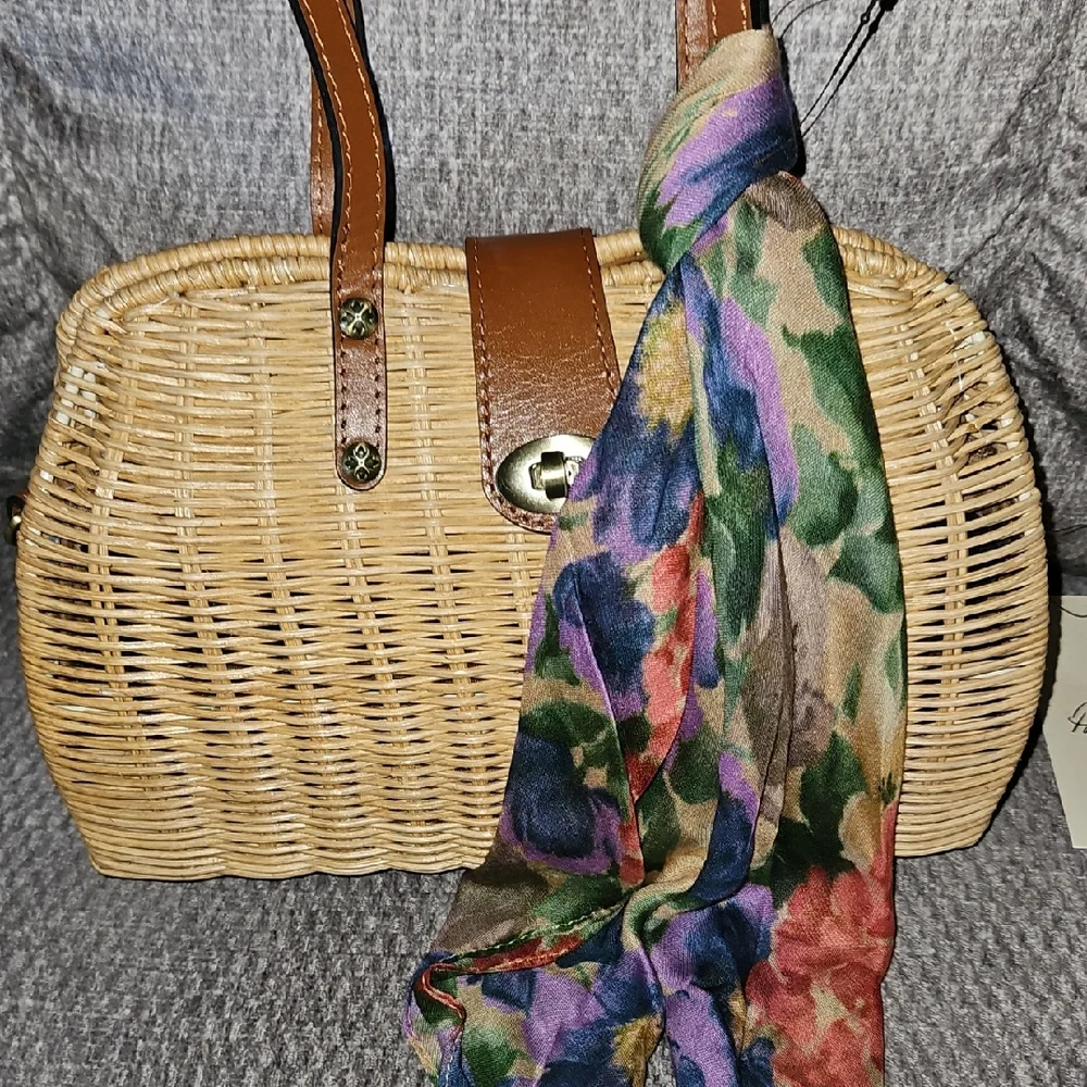 Patricia Nash Beige Wicker Woven Shoulder Bag with Floral Scarf